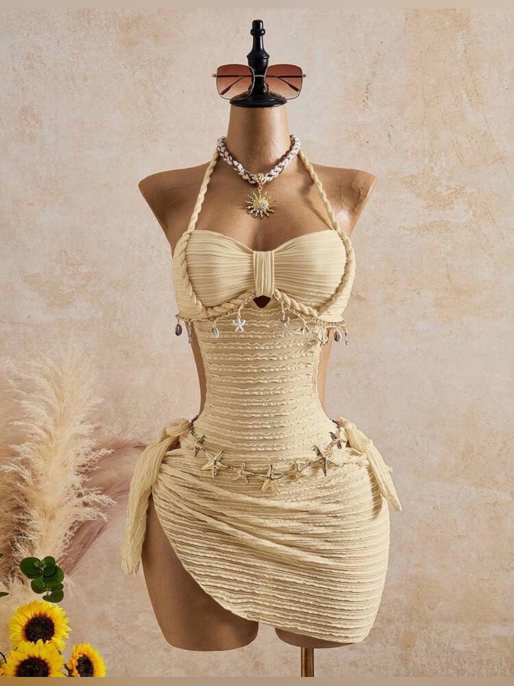 Beige One Piece Swimsuit Set
